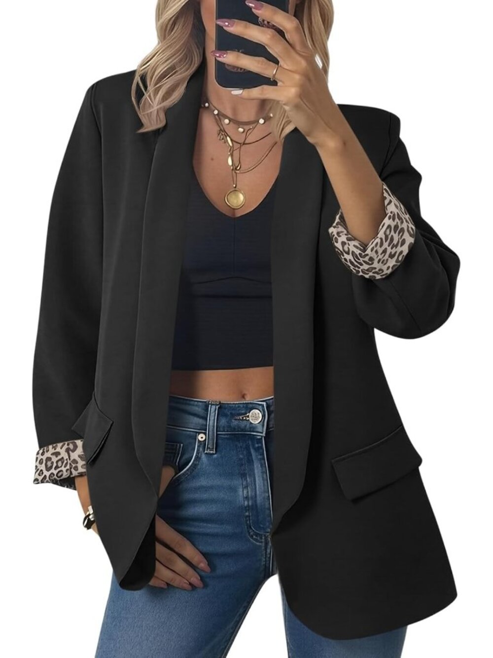 Women's Black Oversized Open Front Shawl Collar Leopard Cuff Classic Suit Jacket